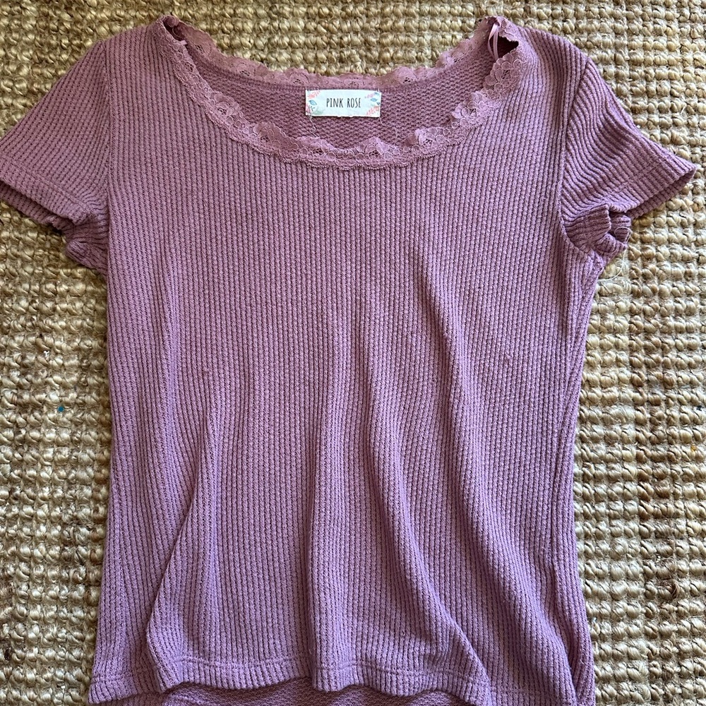 Pink Rose Women's Short Sleeve Ribbed Tee - Mauve